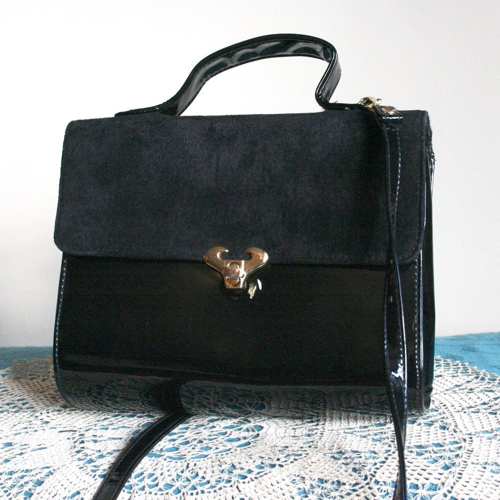 Mino Black Top Handle Handbag Purse Half Suede & Faux Leather With Golden Clasp